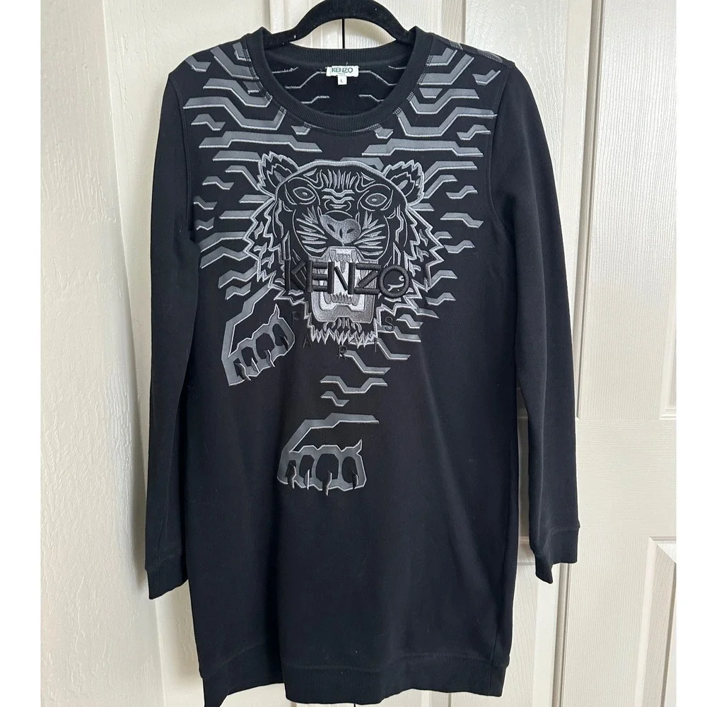 Kenzo Paris Tiger Head Embroidered Sweatshirt Dress Black &‎ Silver Large
